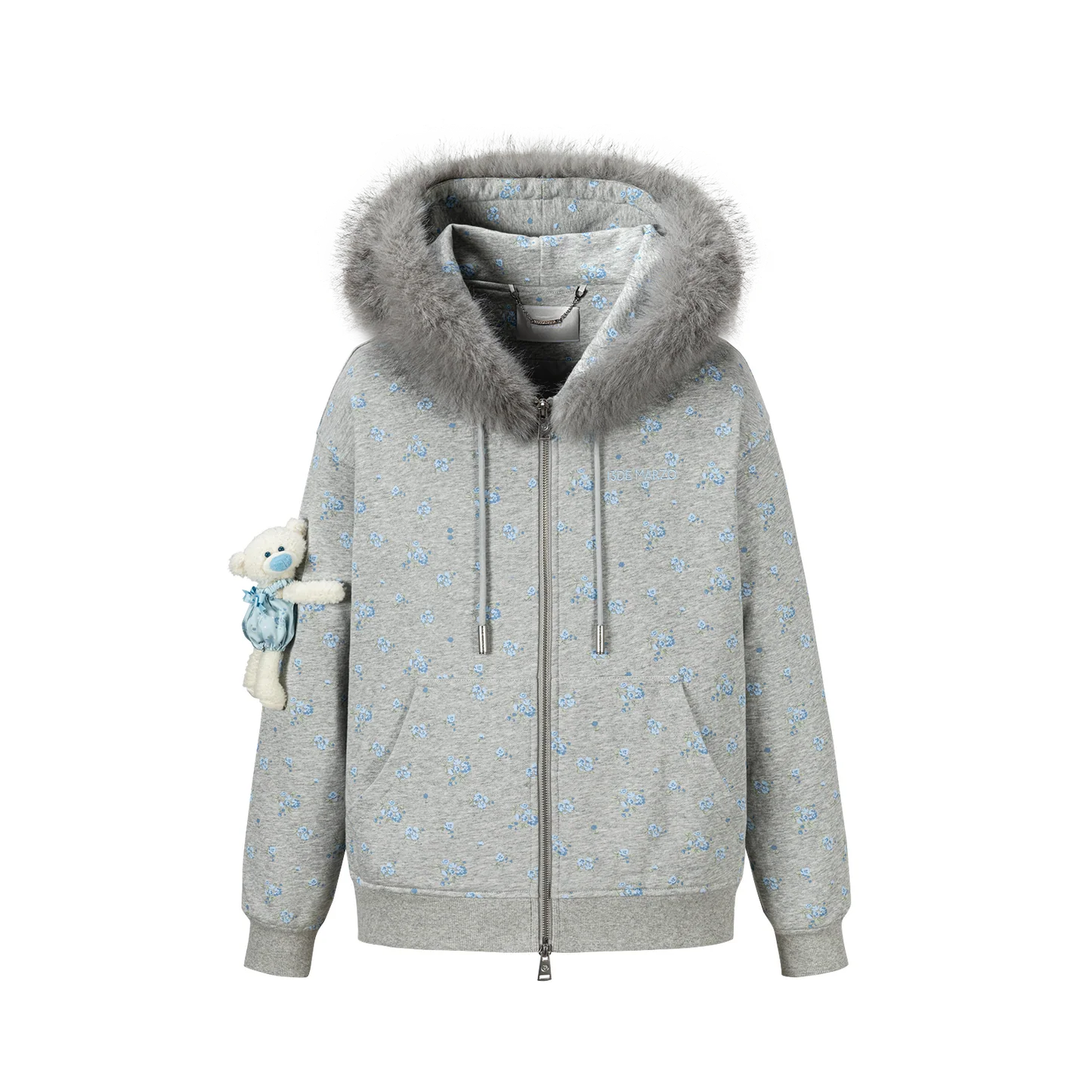 13DE MARZO Floral Print Hoodie with Fur Collar Grey