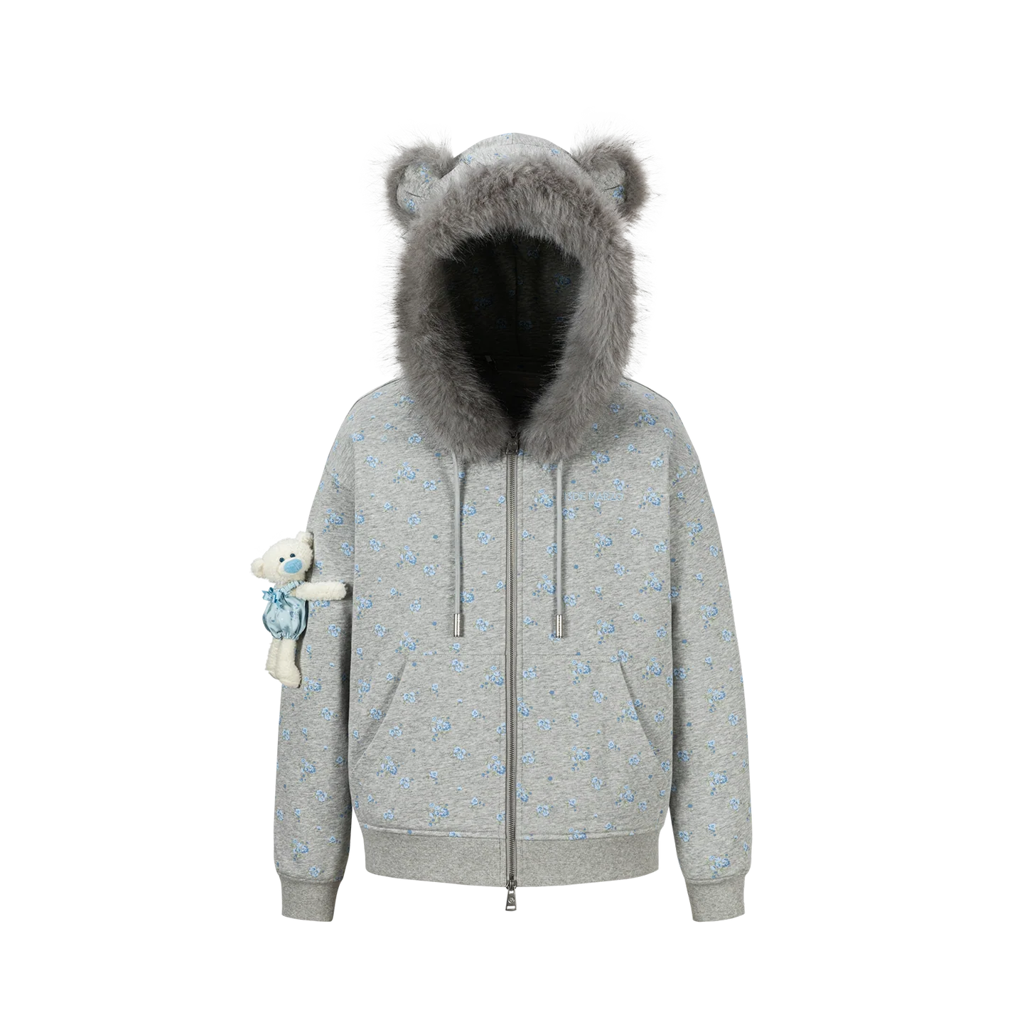 13DE MARZO Floral Print Hoodie with Fur Collar Grey