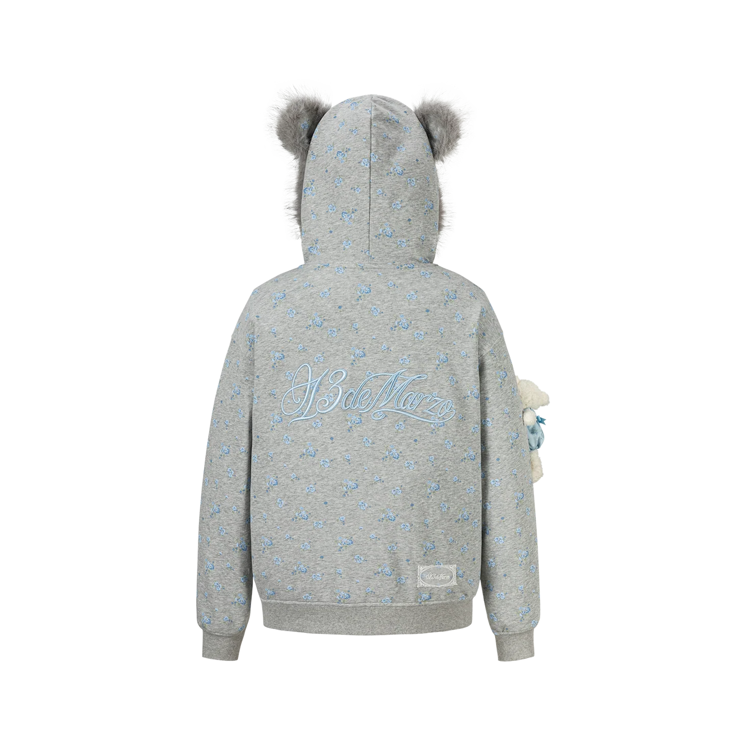 13DE MARZO Floral Print Hoodie with Fur Collar Grey