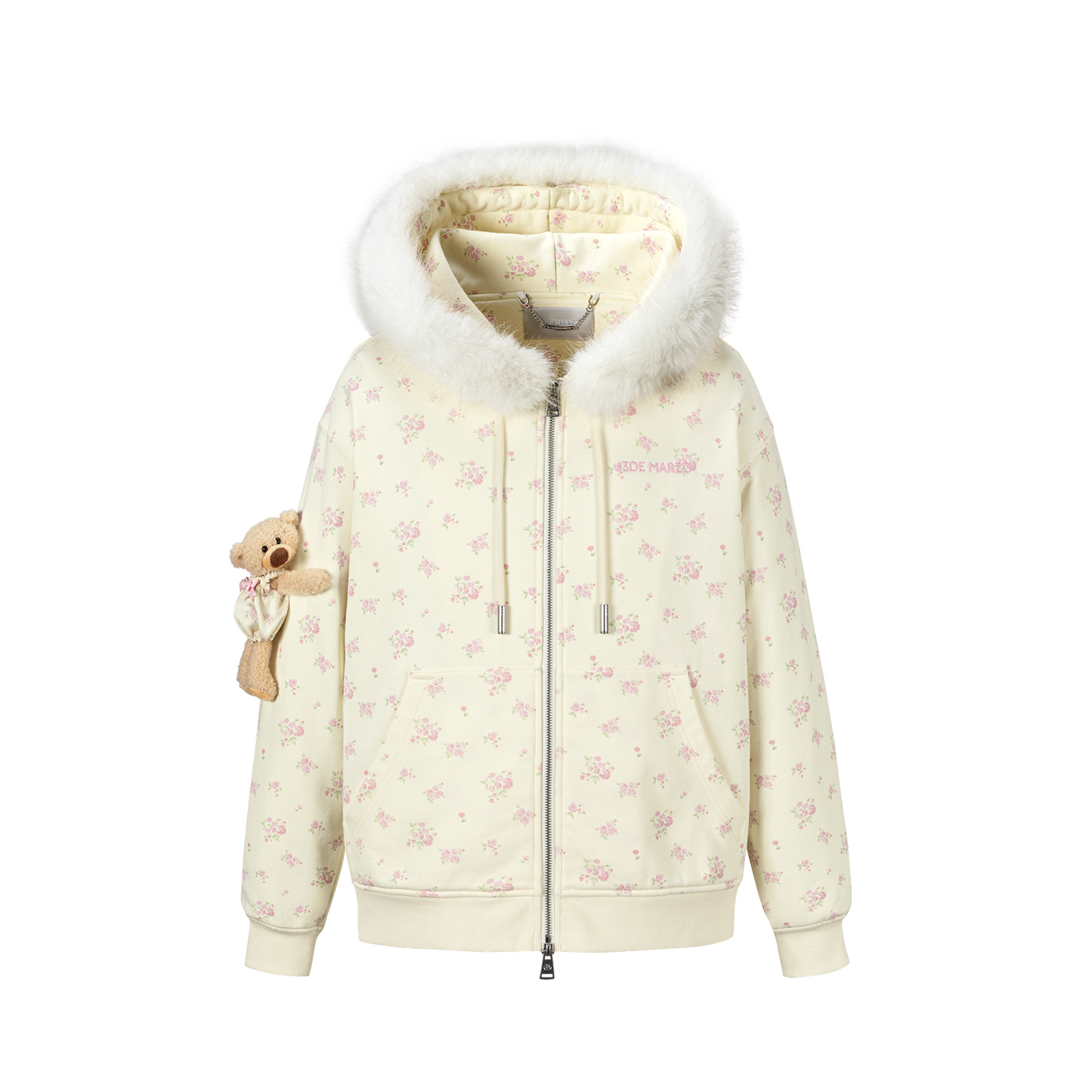 13DE MARZO Floral Print Hoodie with Fur Collar Beige