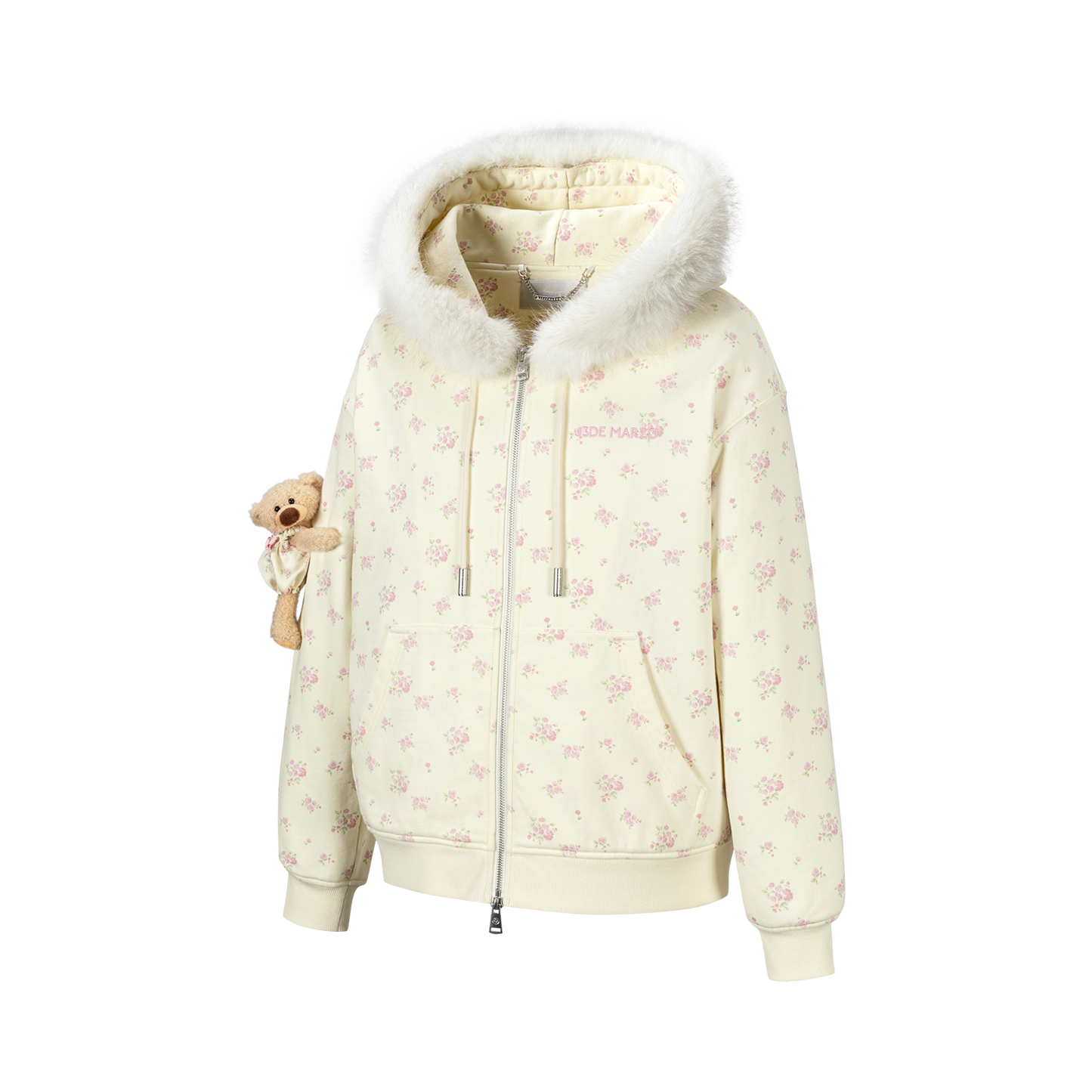 13DE MARZO Floral Print Hoodie with Fur Collar Beige