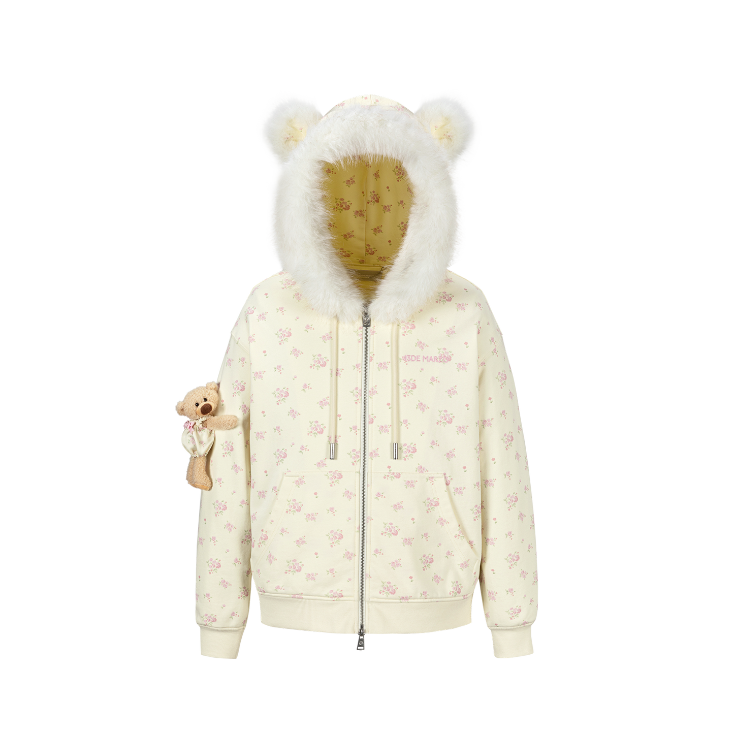 13DE MARZO Floral Print Hoodie with Fur Collar Beige