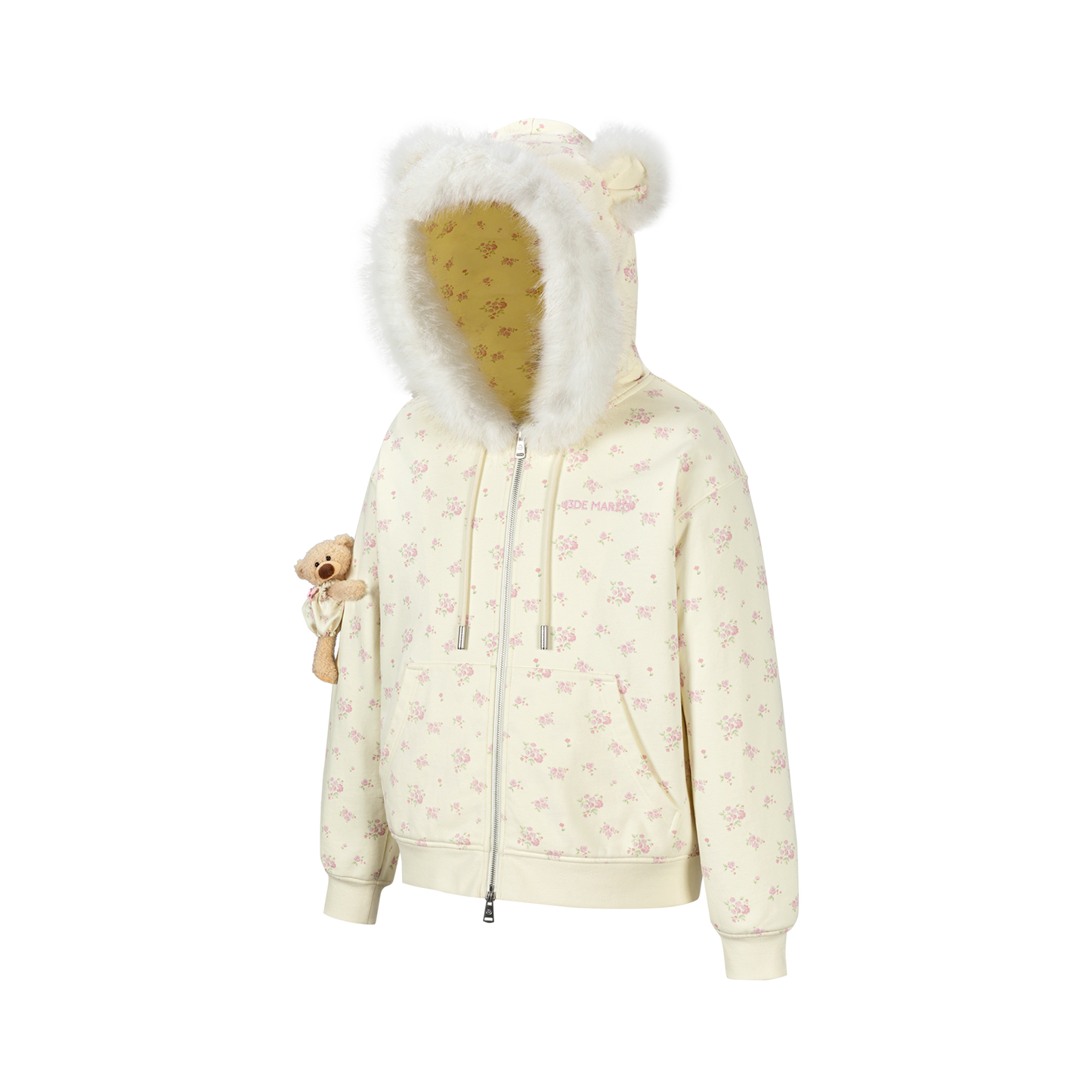 13DE MARZO Floral Print Hoodie with Fur Collar Beige