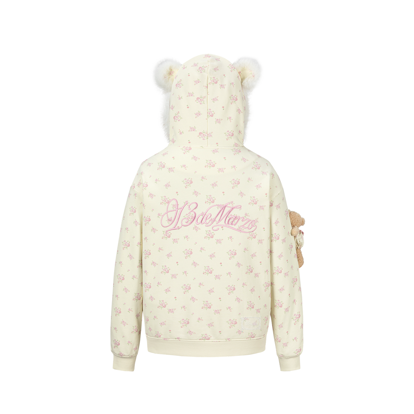 13DE MARZO Floral Print Hoodie with Fur Collar Beige
