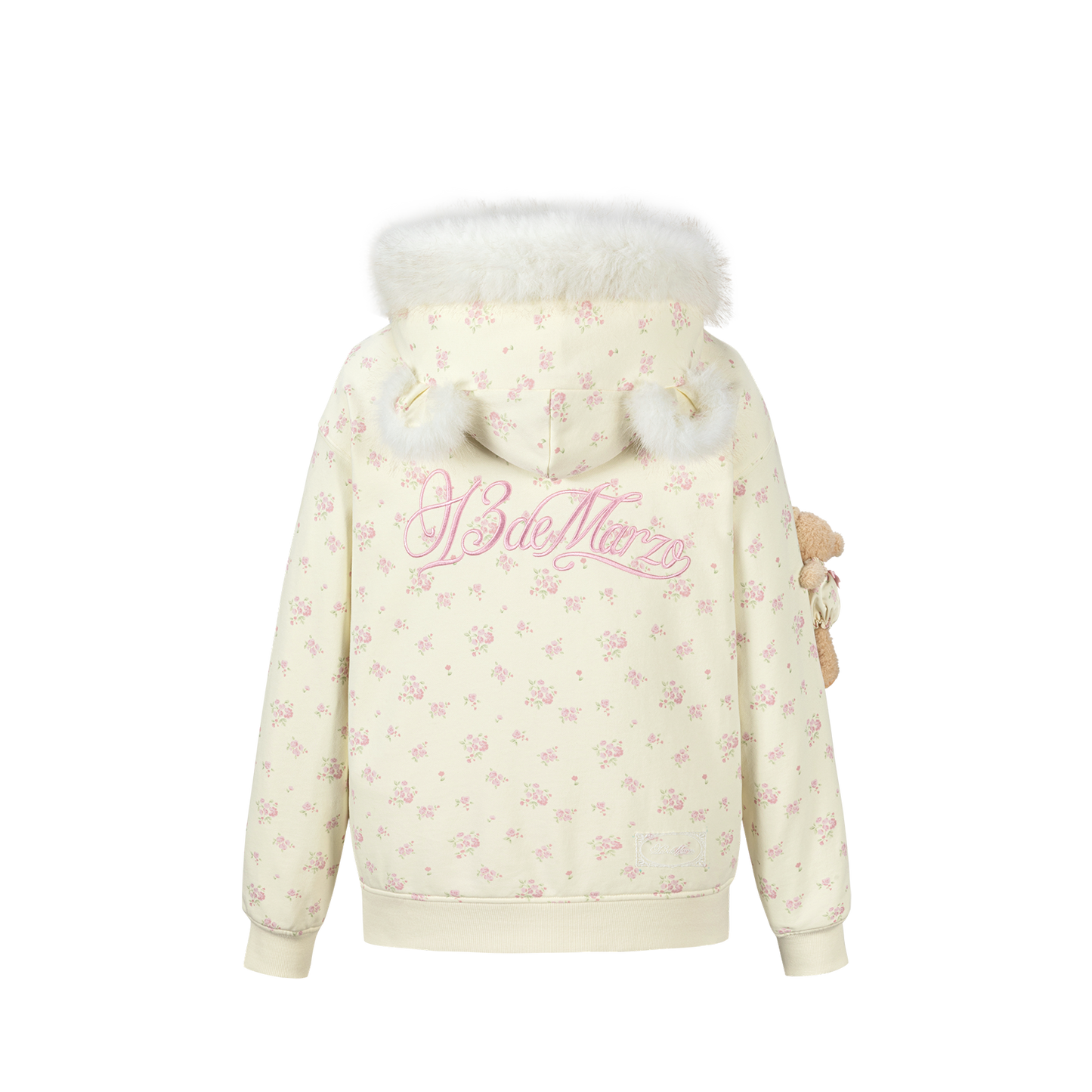 13DE MARZO Floral Print Hoodie with Fur Collar Beige