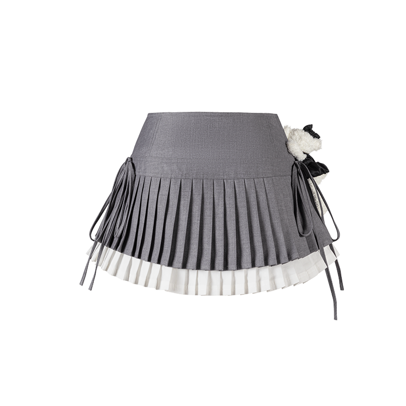 13DE MARZO Faux Rhinestones Double-Layer Pleated Skirt Grey