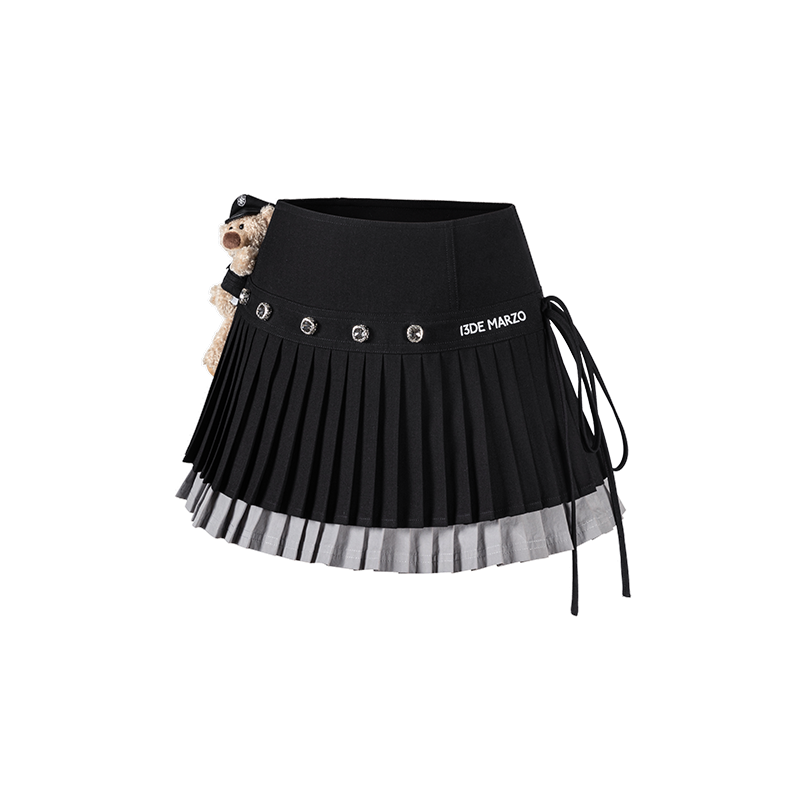 13DE MARZO Faux Rhinestones Double-Layer Pleated Skirt Black