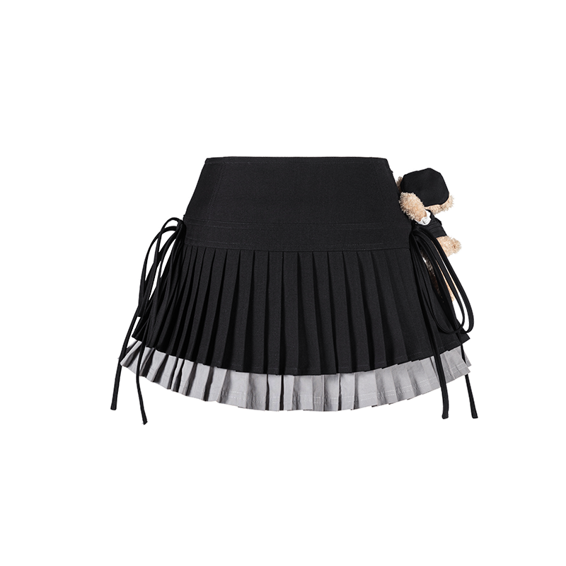 13DE MARZO Faux Rhinestones Double-Layer Pleated Skirt Black