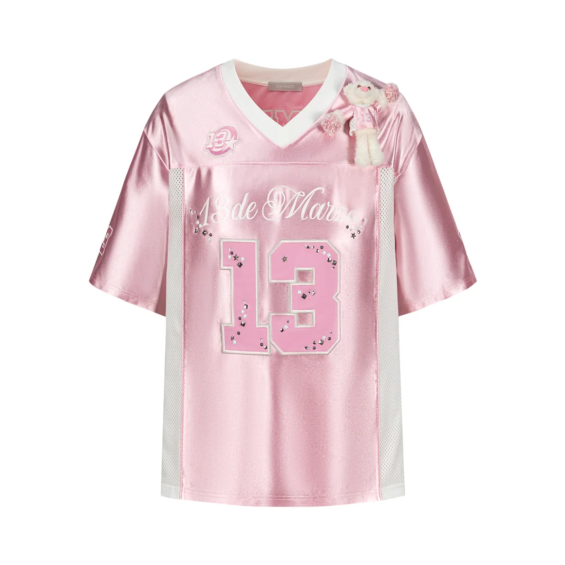 13DE MARZO Bear Cheerleader Satin Jersey T-shirt Pink