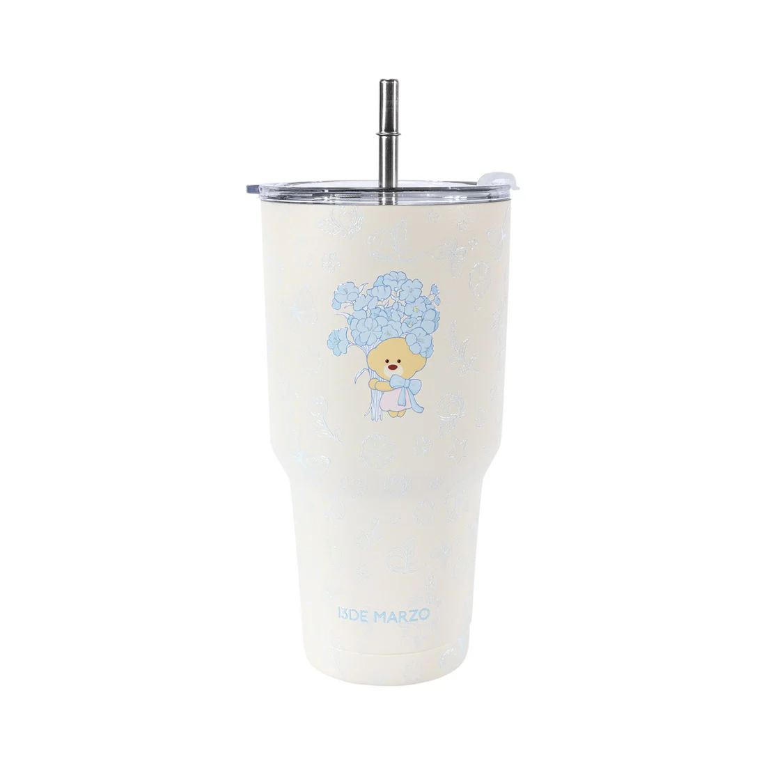 13DE MARZO Embossed Floral Bear Steel Cup White