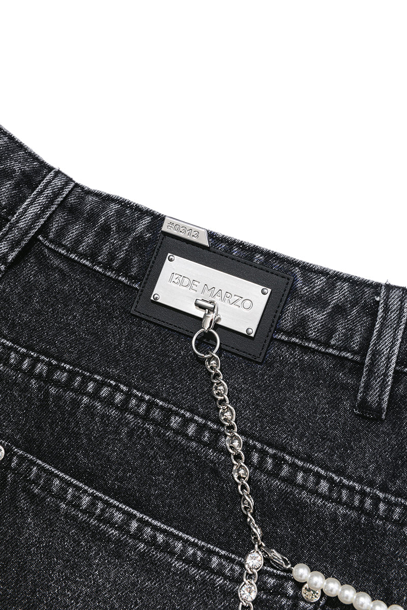 13DE MARZO Faux Rhinestones Pearl Chains Jeans Black