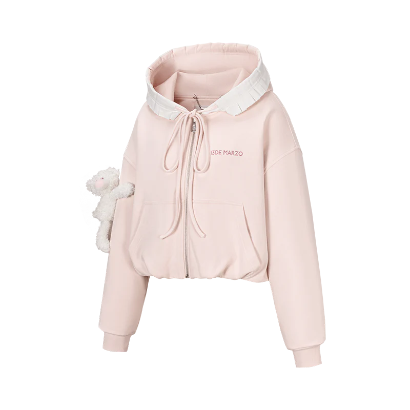 13DE MARZO Lace Edge Zip Hoodie Pink
