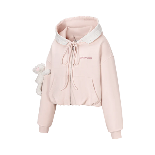 13DE MARZO Lace Edge Zip Hoodie Pink