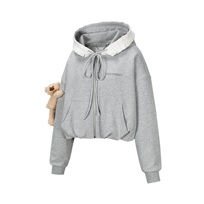 13DE MARZO Lace Edge Zip Hoodie Grey