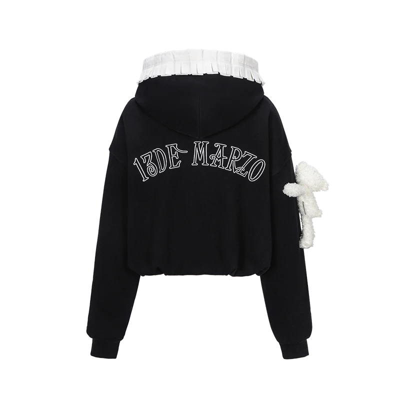13DE MARZO Lace Edge Zip Hoodie Black