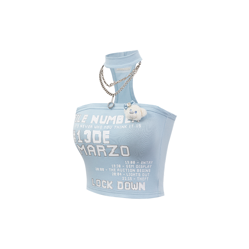 13DE MARZO Silver Foil Chain Print Bustier Top Blue