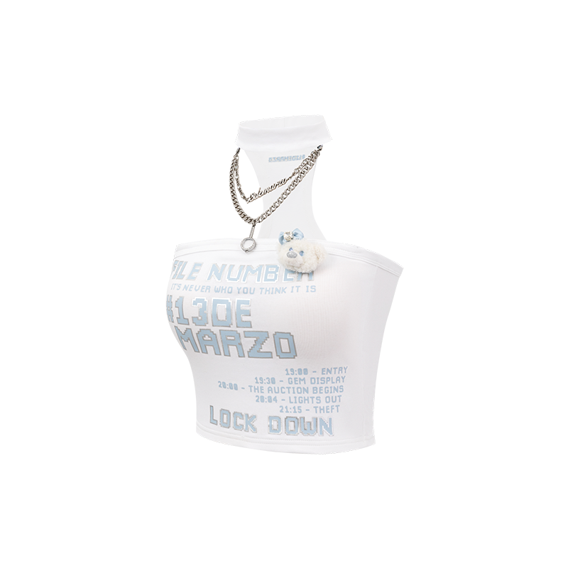 13DE MARZO Silver Foil Chain Print Bustier Top White