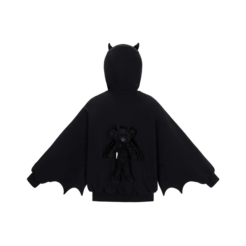 13DE MARZO Angel Devil Bear Zipped Hoodie/ BLACK