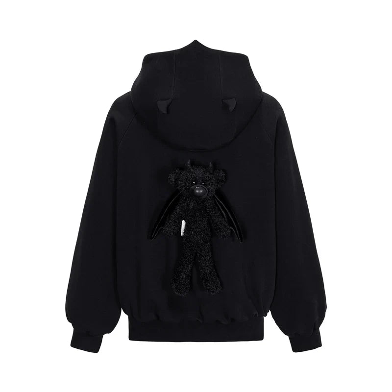 13DE MARZO Angel Devil Bear Zipped Hoodie/ BLACK