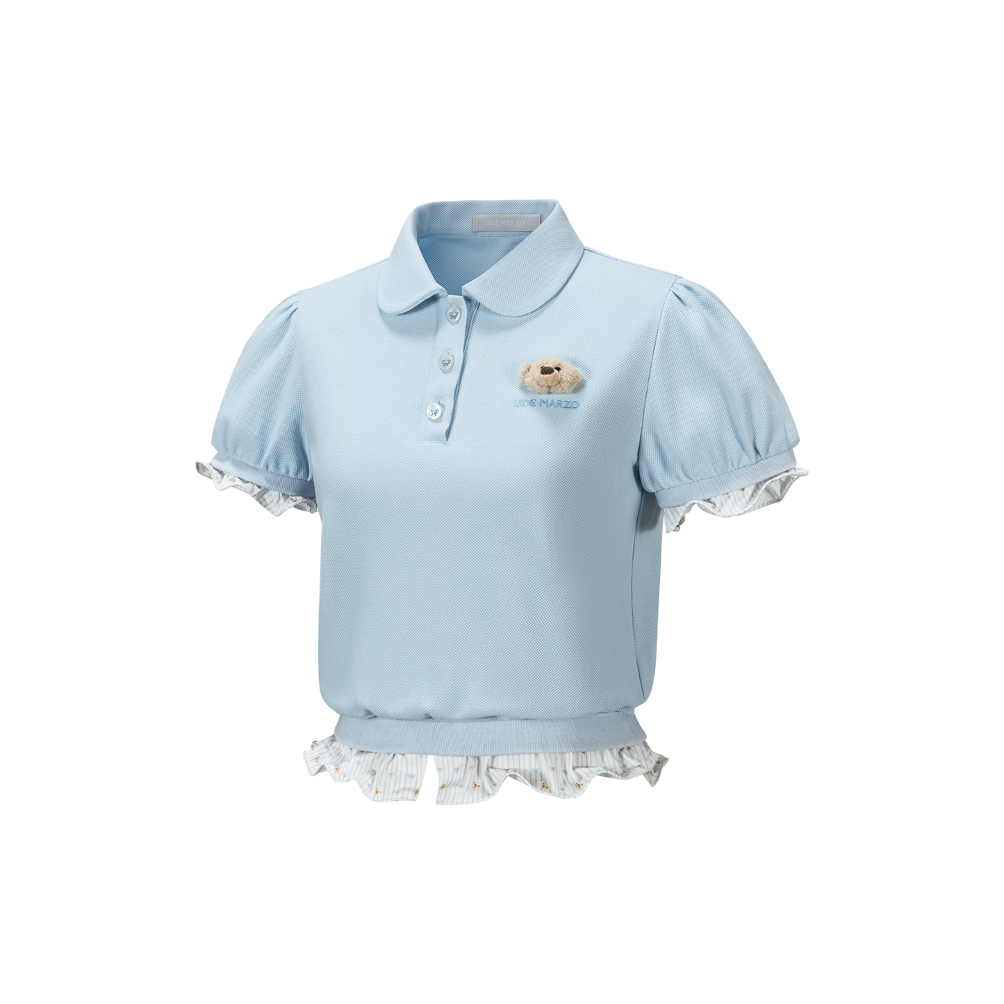 13DE MARZO Smocked Puff Sleeve Polo Style T-shirt