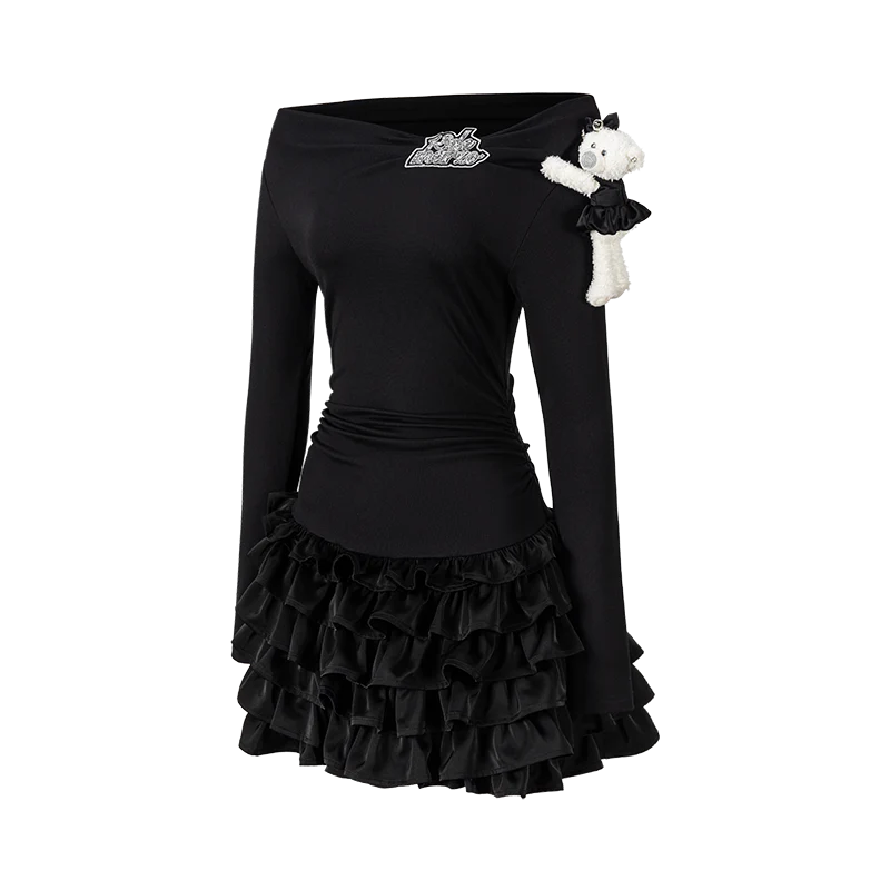 13DE MARZO Off-Shoulder Tiered Dress Black