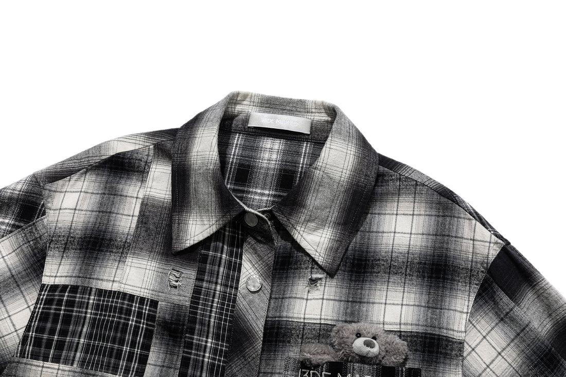 13DE MARZO Patchwork Plaid Distressed Shirt