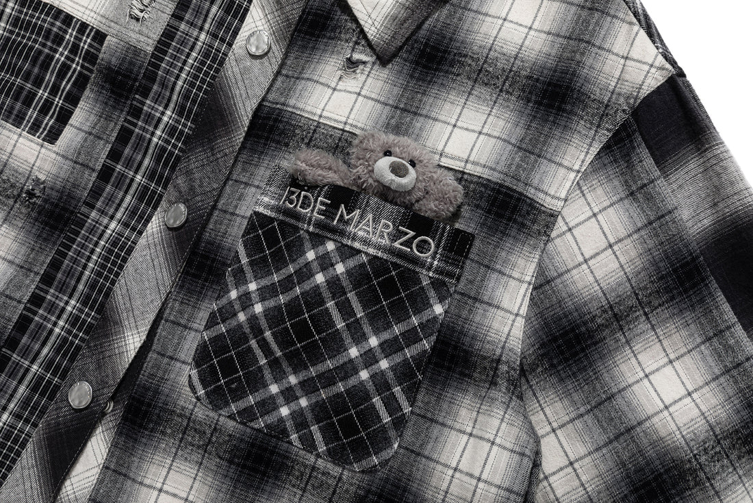 13DE MARZO Patchwork Plaid Distressed Shirt