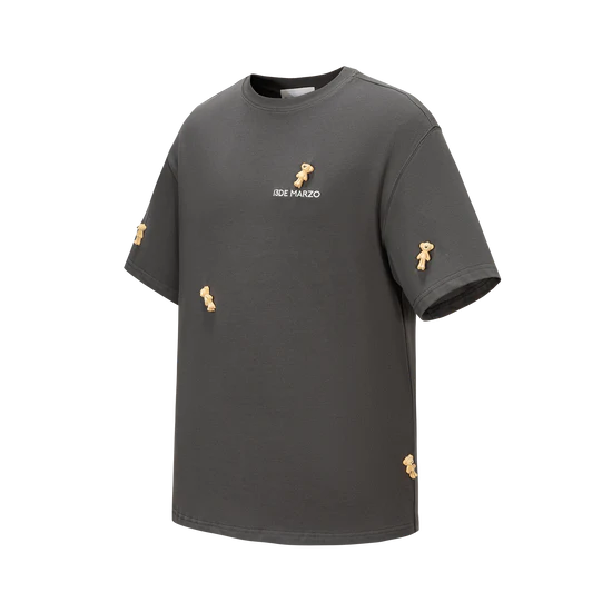 13DE MARZO Mini Flocked Bear T-shirt Dark Grey