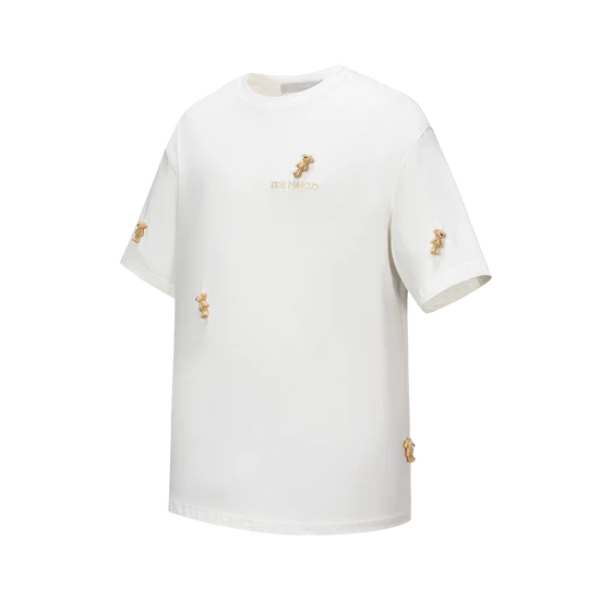 13DE MARZO Mini Flocked Bear T-shirt Dark Beige