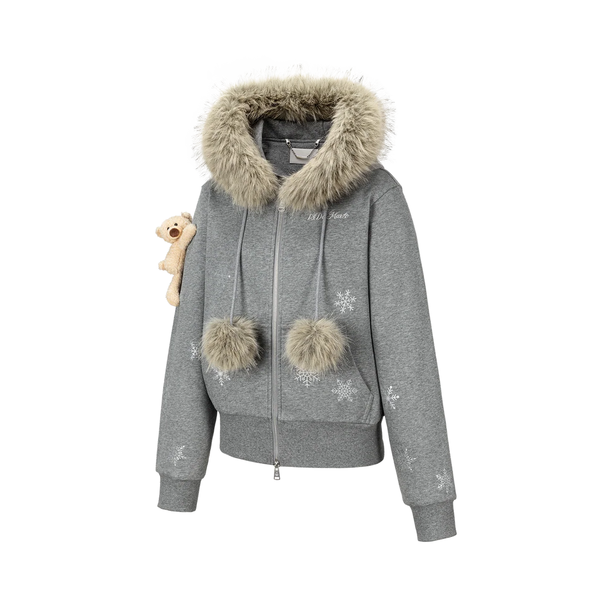 13DE MARZO Shimmer Snow Bear Zip Hoodie Grey