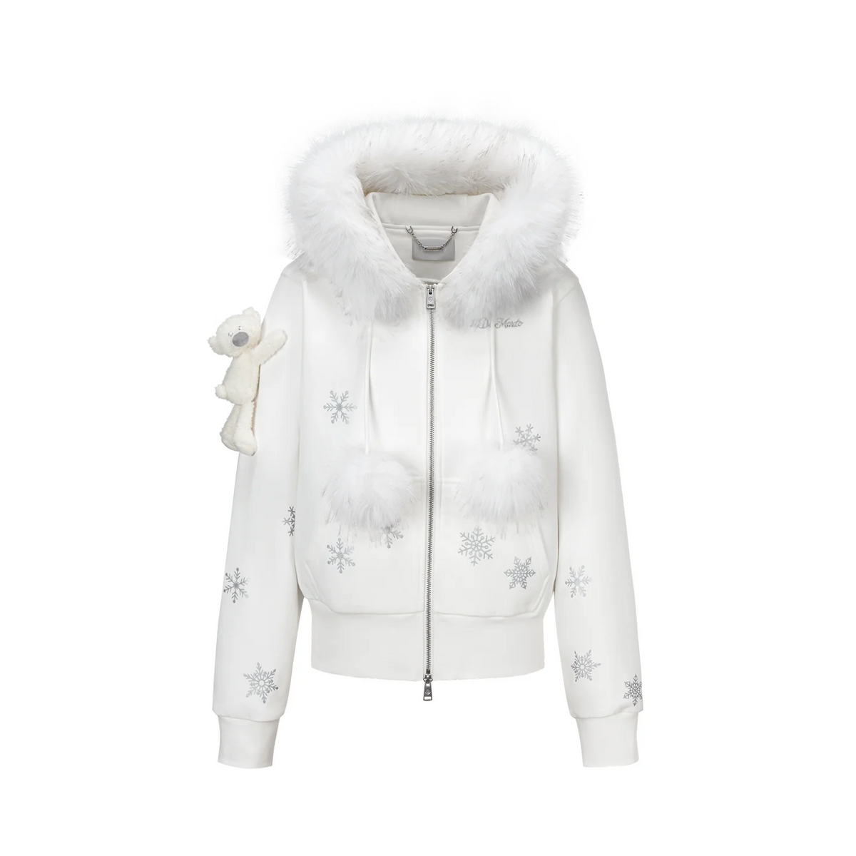13DE MARZO Shimmer Snow Bear Zip Hoodie White