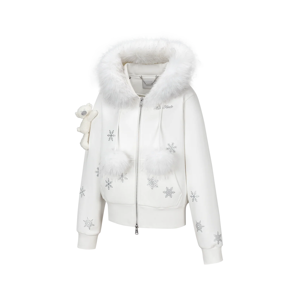 13DE MARZO Shimmer Snow Bear Zip Hoodie White