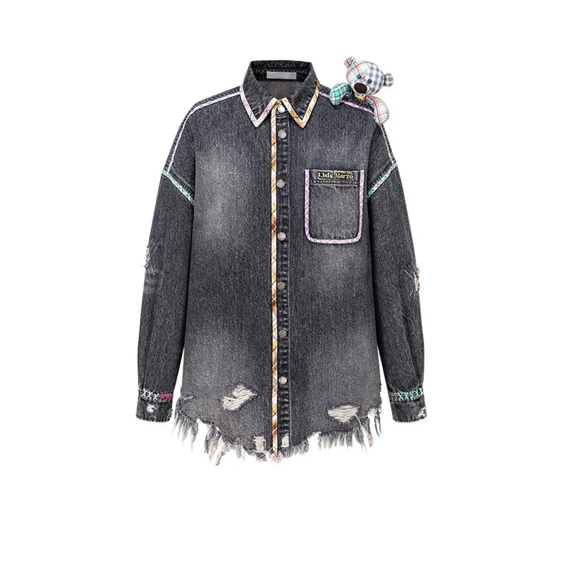 13DE MARZO Bear Plaid Line Denim Jacket