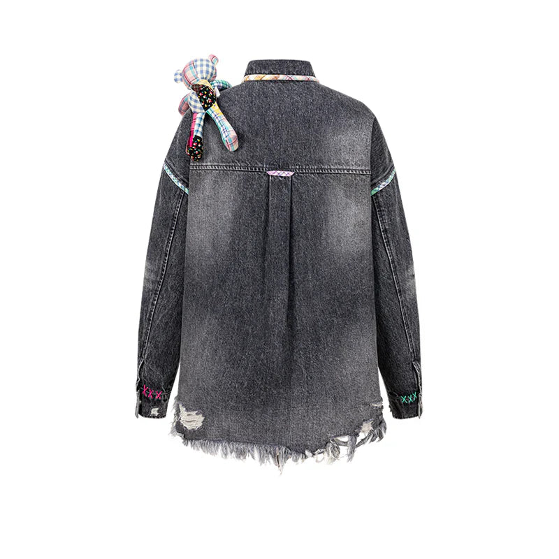 13DE MARZO Bear Plaid Line Denim Jacket