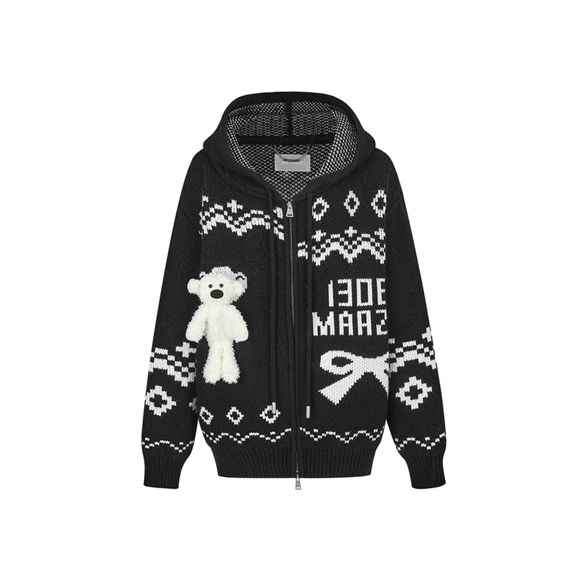 13DE MARZO FAIR ISLE BEAR ZIP KNIT HOODIE BLACK