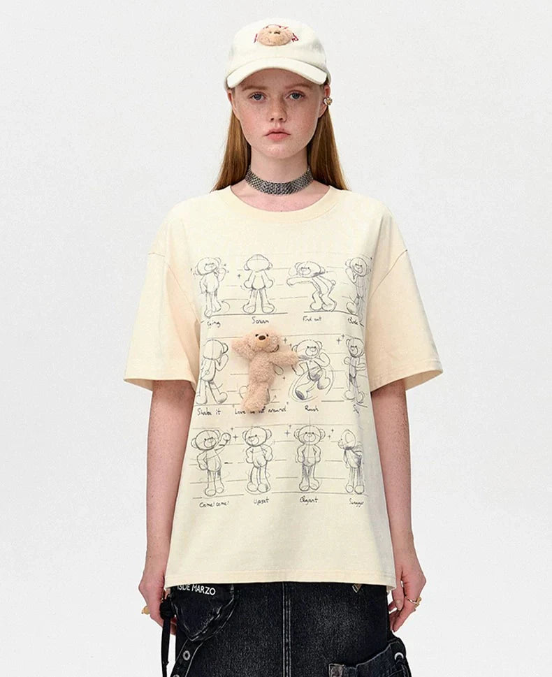 13DE MARZO Bear Movement Sketch T-shirt BEIGE