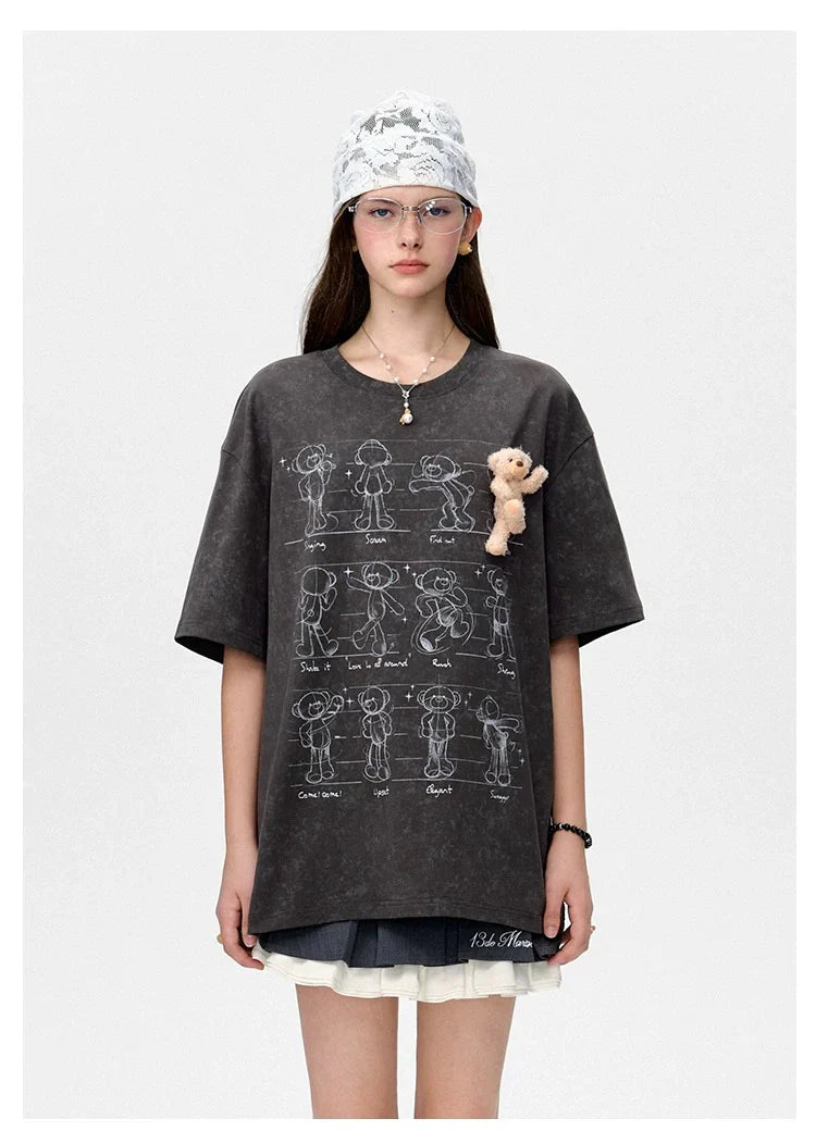 13DE MARZO Bear Movement Sketch T-shirt DARK GREY