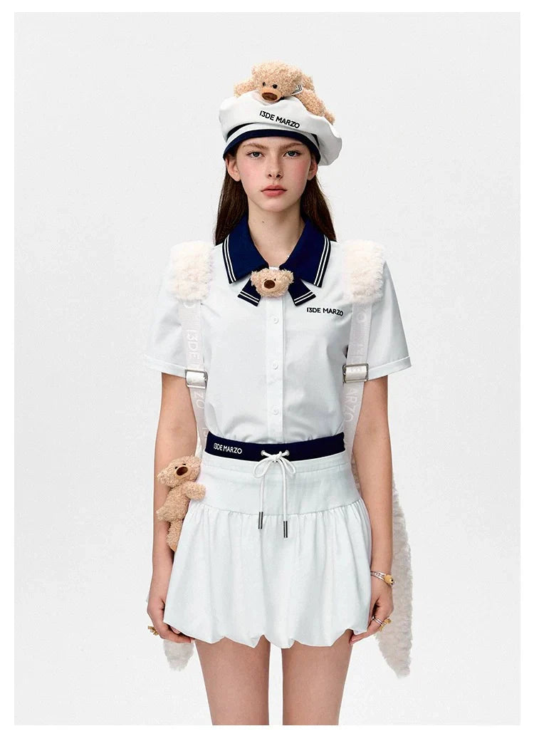 13DE MARZO Bear Sailor Collar Shirt WHITE