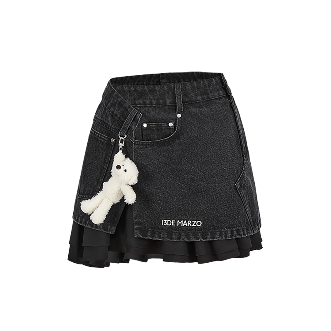 13DE MARZO Bear Folded Denim Skirt Black