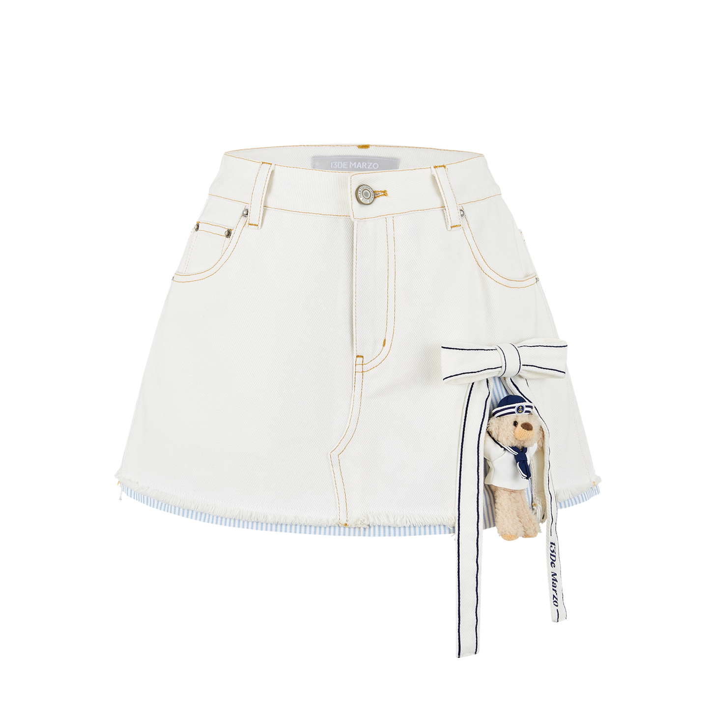 13DE MARZO Sailor Bear Denim Skirt White