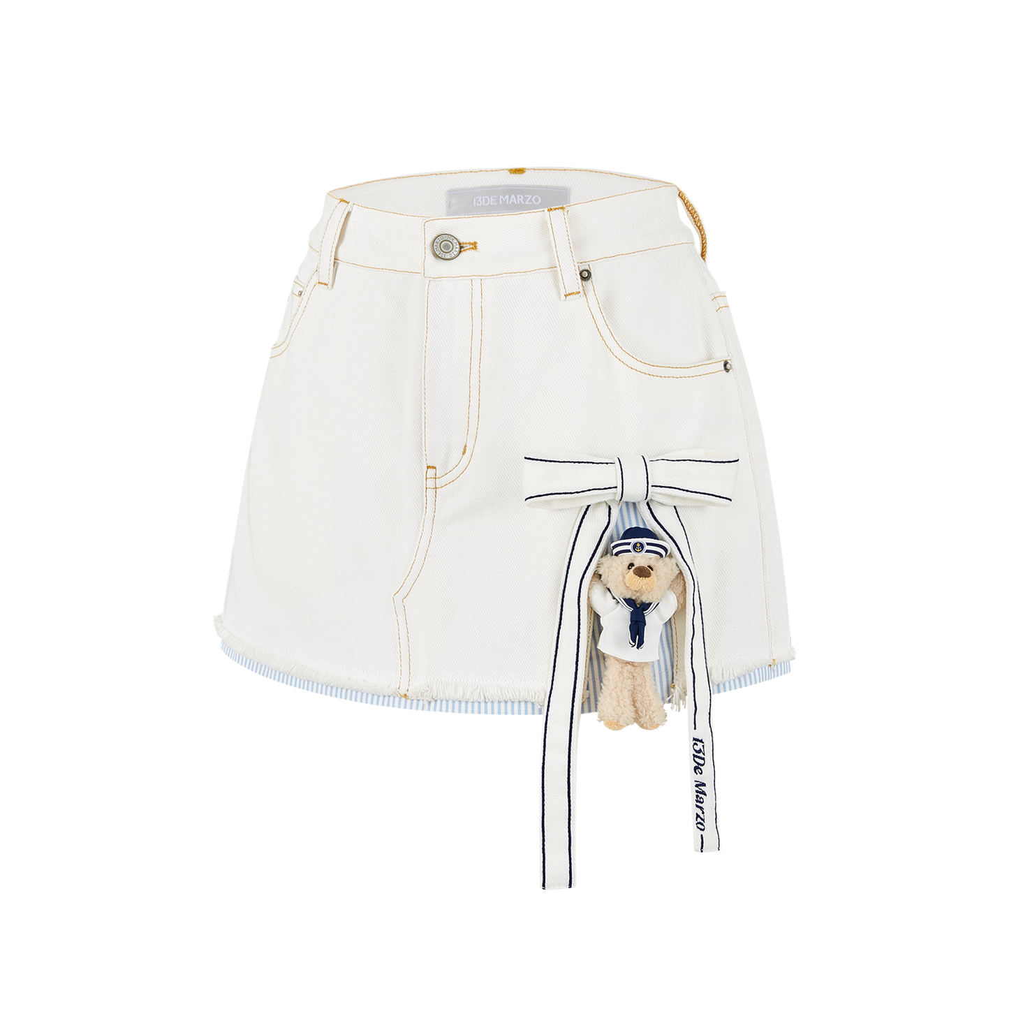 13DE MARZO Sailor Bear Denim Skirt White