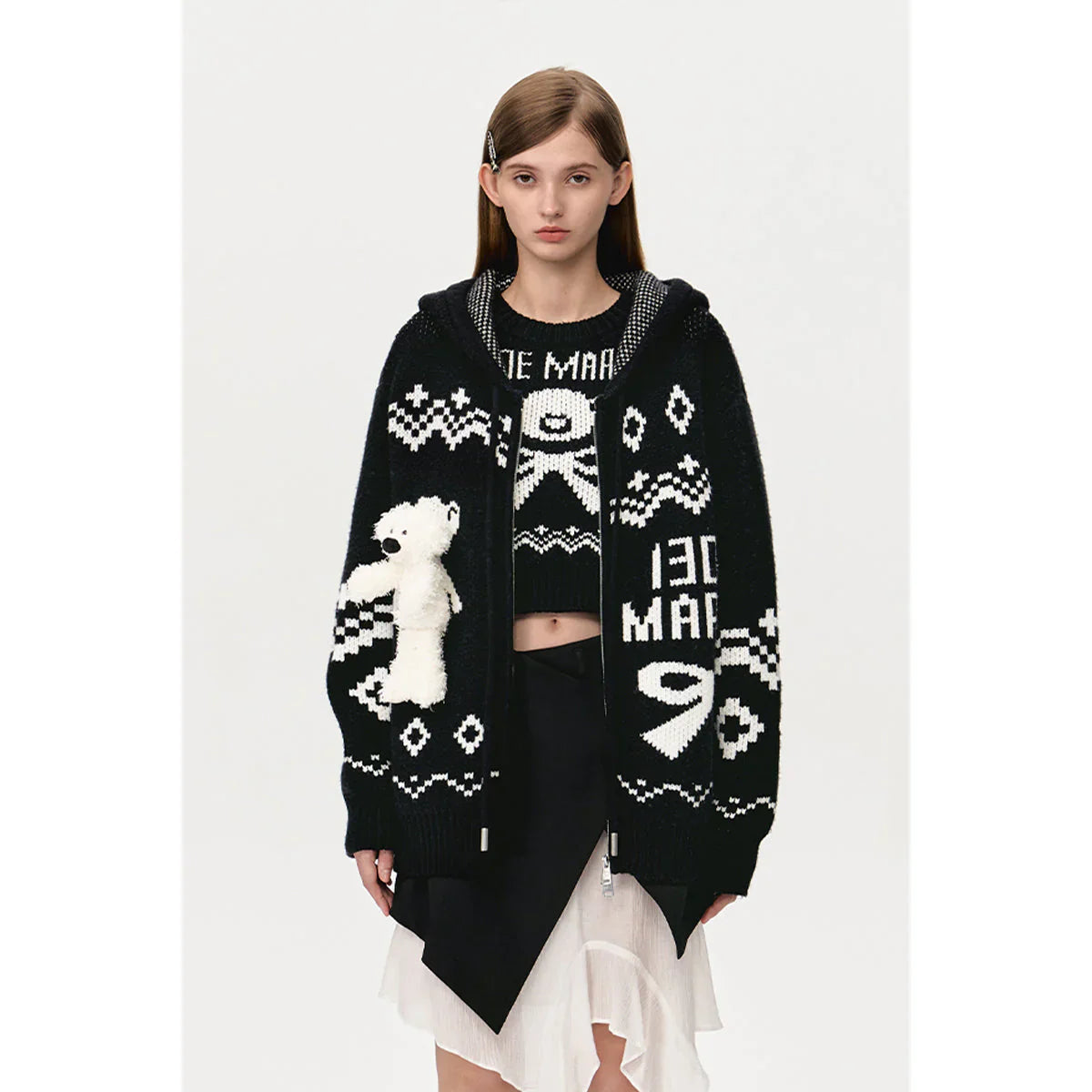 13DE MARZO FAIR ISLE BEAR ZIP KNIT HOODIE BLACK