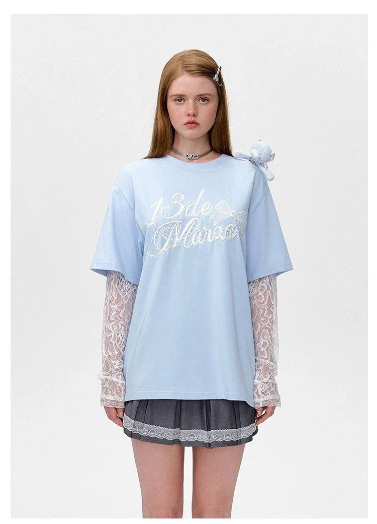 13DE MARZO Bear Layered Lacy T-shirt