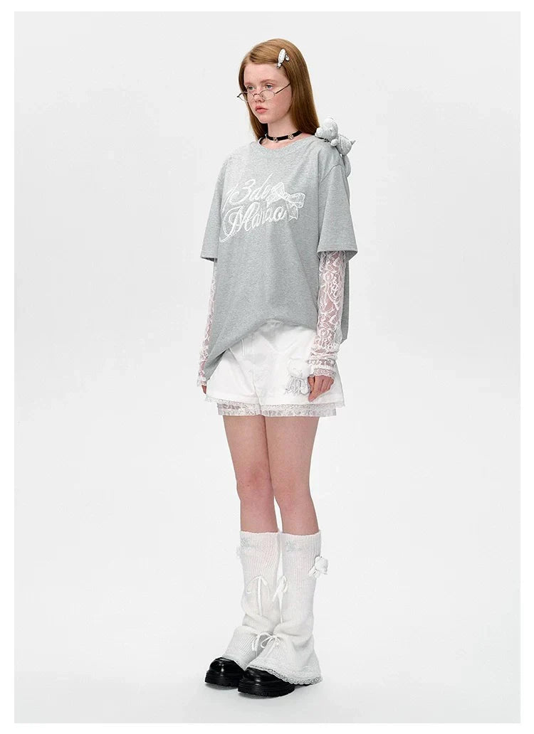13DE MARZO Bear Layered Lacy T-shirt