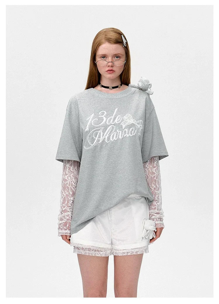 13DE MARZO Bear Layered Lacy T-shirt