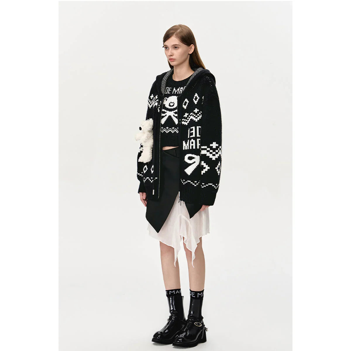 13DE MARZO FAIR ISLE BEAR ZIP KNIT HOODIE BLACK