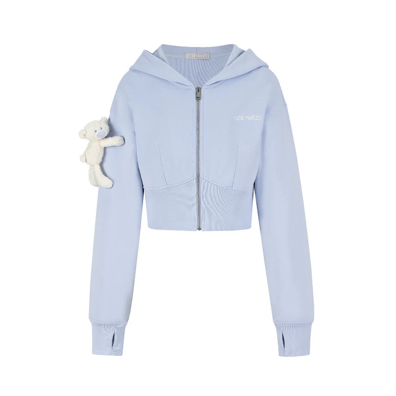 13DE MARZO Tapered Waist Bear Zip Hoodie Blue