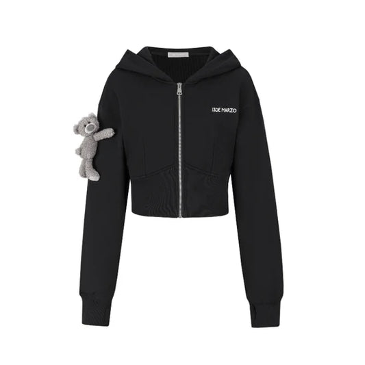 13DE MARZO Tapered Waist Bear Zip Hoodie Black