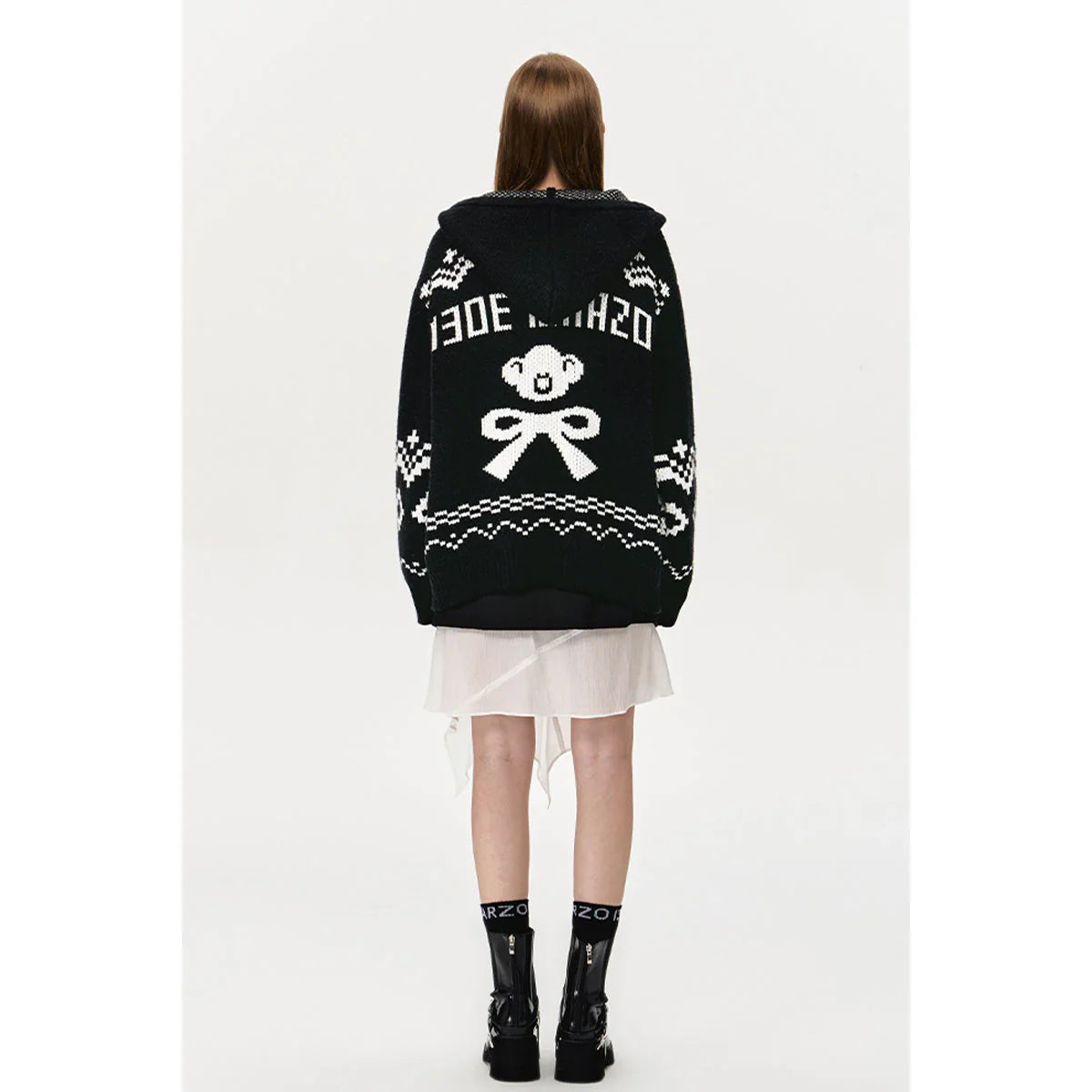 13DE MARZO FAIR ISLE BEAR ZIP KNIT HOODIE BLACK