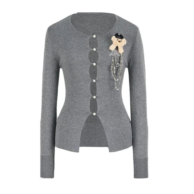 13DE MARZO Sparkle Pearl Chain Cardigan Dark Grey